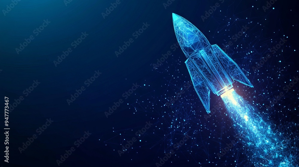 Poster abstract rocket launch. digital spaceship flying up into outer space. business development, boosting
