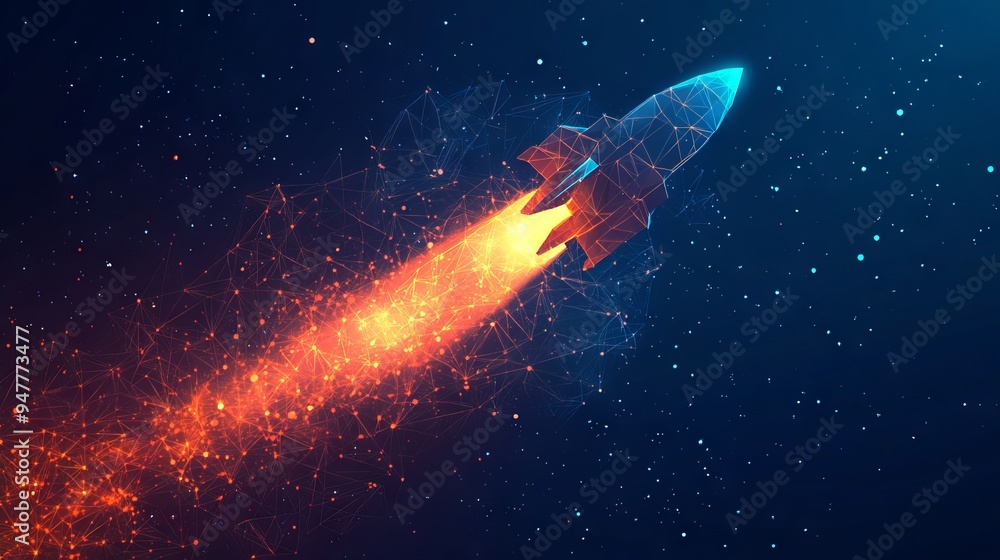 Poster abstract rocket launch. digital spaceship flying up into outer space. business development, boosting