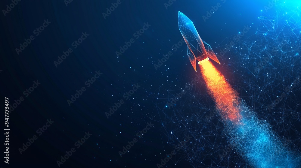 Poster abstract rocket launch. digital spaceship flying up into outer space. business development, boosting