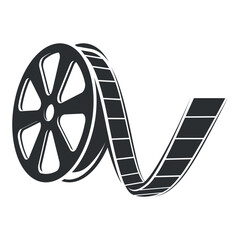 Film reel icon showcasing classic cinema, coiled ribbon of film unwinding in a nostalgic representation of movie history