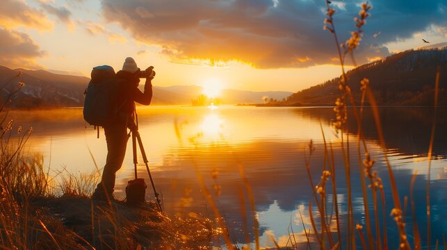 A photographer capturing a stunning sunset over a serene lake with their camera - Powered by Adobe