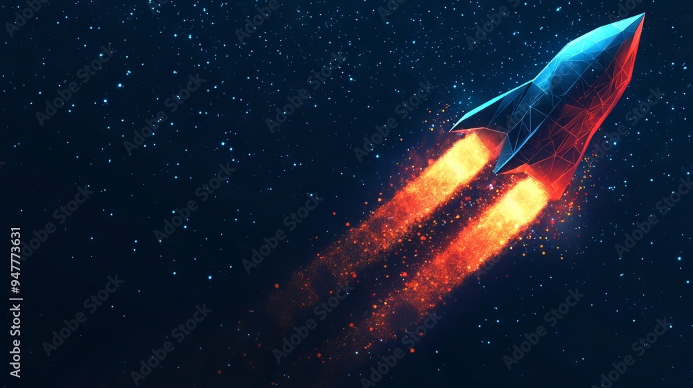 Poster abstract rocket launch. digital spaceship flying up into outer space. business development, boosting