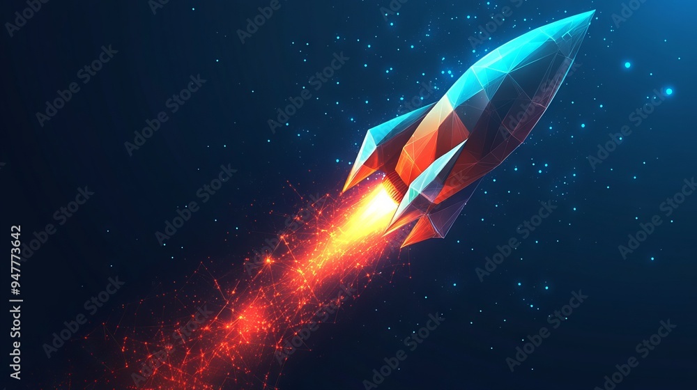 Poster abstract rocket launch. digital spaceship flying up into outer space. business development, boosting