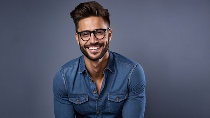 Obraz premium 幸せそうに微笑むジーンズシャツとメガネ姿のおしゃれなハンサム男性の魅力