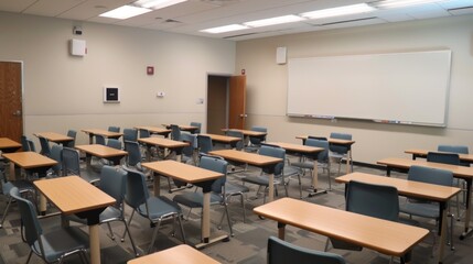 Fototapeta premium A classroom with many desks and chairs