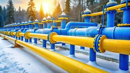 Yellow and blue pipes for pumping gas in winter , gas station, cold weather, fuel, machines, machinery, technology