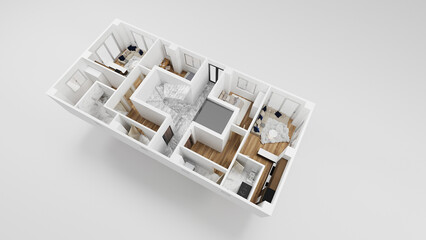 3D plan of apartment building floor with furniture and white walls, 3D render, illustration. Top view