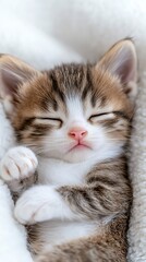 Fototapeta premium Adorable tabby kitten sleeping peacefully on a white blanket.