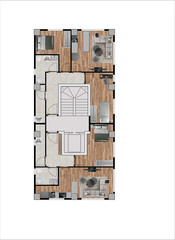 Floor plan of modern apartment with 2 flats. Top view. Architectural drawing, plan rendering, coloured and furnished. Plan illustration.