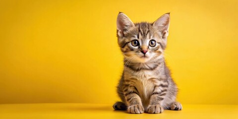 Adorable kitten with a friendly expression sitting on a bright yellow background, kitten, friendly, cute, pet, animal