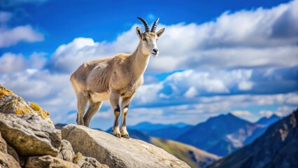 Mountain goat on blue sky in rocky landscape, mountain goat, blue sky, rocky landscape, wildlife, nature, scenic, rugged, cliff