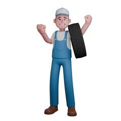 Mechanic's Daily Routine in 3D. A mechanic stands with both arms raised and a wheel on his left arm. Male Cartoon