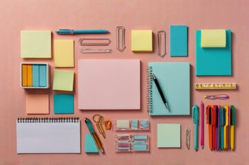 A flat lay of assorted office supplies