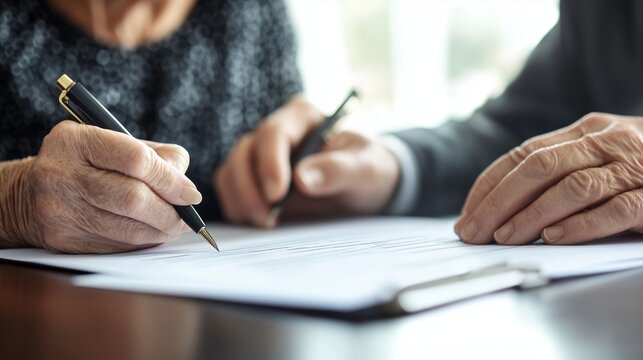 Elderly couple signing important documents at a table in a cozy, well-lit room during the morning hours