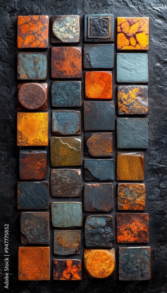 Poster square stone tiles with various colors. this image is perfect for projects about texture, patterns, 