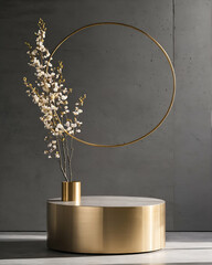A minimalistic, metallic podium with a brushed gold finish, backdrop is used to showcase products, with room for a product montage.