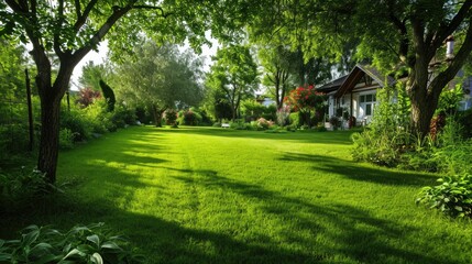 Tranquil Green Backyard Oasis: A Perfect Lawn with Almond Tree