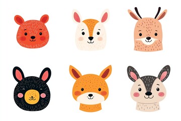 Obraz premium Cute animal faces set, perfect for kids illustrations.