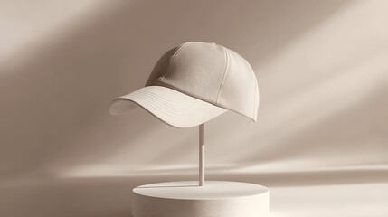 Custom hat mockup on stand, neutral background, product detail emphasis, front perspective