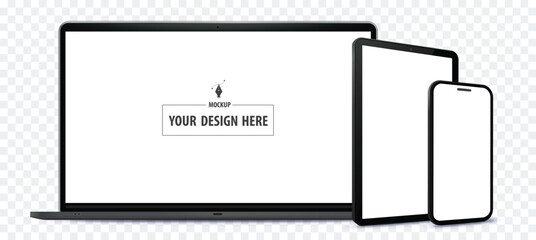 Laptop Computer, Tablet PC and Mobile Phone Mockup. Digital devices screen vector illustration  template with transparent background.