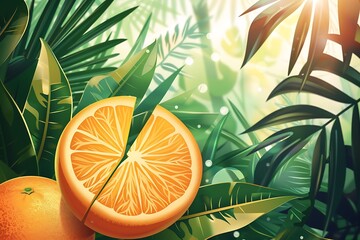 An illustration of an orange split in half, detailed segments visible, against a vibrant tropical jungle background. Bright sunlight filtering through leaves. Created using vibrant color palette,