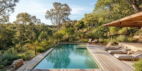 Pool, deck, lounge chairs, and surrounding greenery.