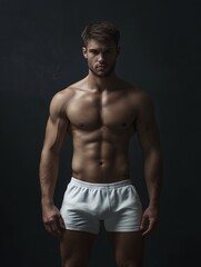 Fototapeta premium Muscular Man in White Shorts: A handsome, athletic man with a muscular physique stands confidently in white boxer shorts against a dark background. His toned muscles and piercing gaze project an image