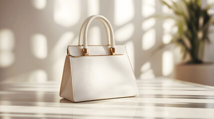 Luxury handbag mockup on white surface, soft shadows, blurred elegant background, front perspective