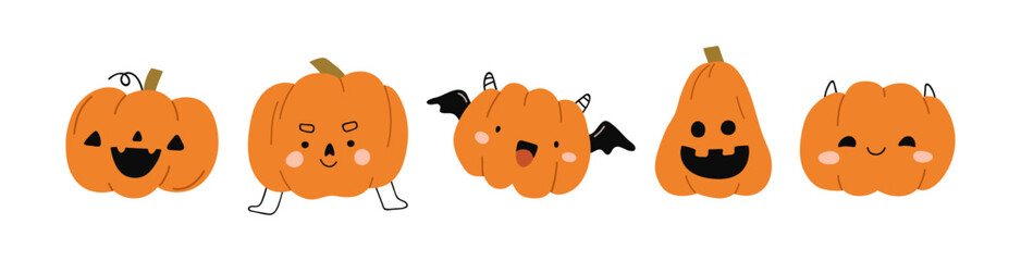 Cute Halloween pumpkins with happy funny face expressions. October holiday decorations, Jack-o-lantern characters. Traditional fall squash. Kids flat vector illustration isolated on white background