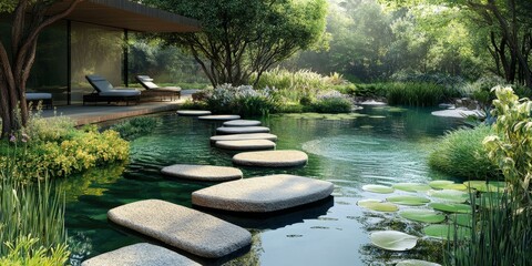 Stone path leads across a tranquil pond with lily pads.
