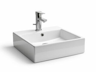 Ceramic washbasin and chrome faucet on a white background