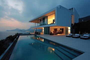 Fototapeta premium Turquoise Sunset: Luxurious Minimalist Villa with Pool and Modern Architecture