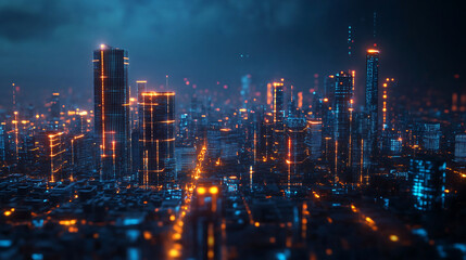 Fototapeta premium futuristic cityscape at night, illuminated by orange and blue lights