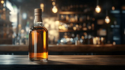 Premium whiskey bottle mockup on wooden bar counter, soft lighting, cozy bar background, front perspective