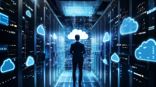 businessman stands in the center of an advanced data center, surrounded by glowing cloud graphics and icons representing virtualized cloud technology