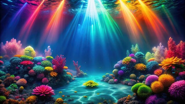 Neon depths under the sea with rainbowcore, caustic blooms, and electric haze , abyss, underwater, rainbow