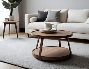 modern living room featuring a white sofa, wooden coffee table, and decorative plants