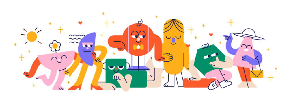 Cute geometric characters with funny happy faces. Geometry shapes group, playful figures with emotions, expressions. Modern kids colorful flat vector illustration isolated on white background