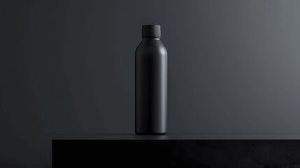 Sleek water bottle mockup on matte black surface, soft reflections, minimalist grey background, front perspective