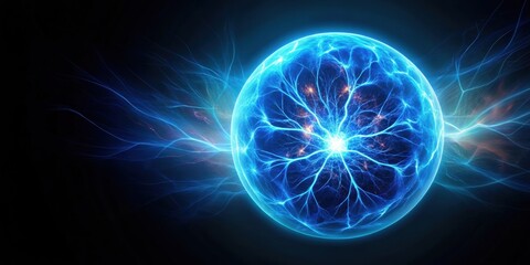 Naklejka premium Neon-colored blue ball emitting a mesmerizing electrical aura against a dark background, neon, blue, ball, mesmerizing