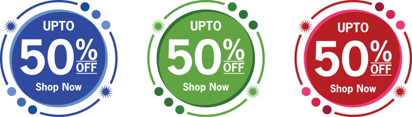50% Off discount label red round tag marketing promotion sticker Shop Now isolated on white background