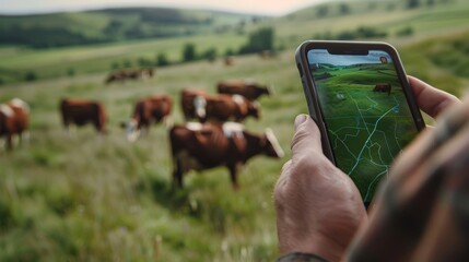 TechSavvy Farming Closeup of Hands Holding Livestock Tracking App on Smartphone with Grazing Cows in Background