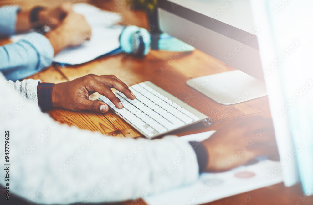 Aufkleber hands, keyboard and typing with business person at desk in creative workplace for web development. a