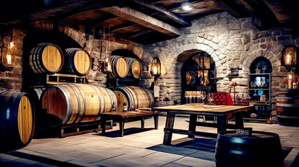 Old cellar with wooden wine barrels producing wine