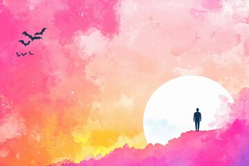 Fototapeta premium A serene silhouette of a person against a vibrant sunset, creating a peaceful and reflective atmosphere.