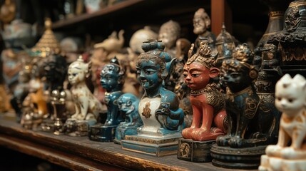Fototapeta premium A Collection of Intricately Carved Statues on a Wooden Shelf