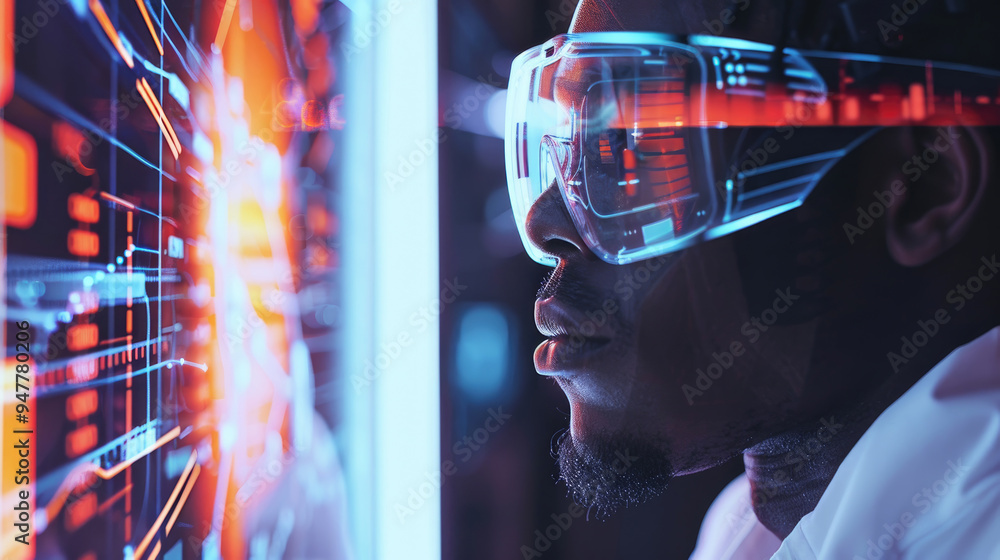 Poster an individual intensely examines illuminated digital data through advanced glasses in a vibrant, hig