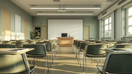 Fototapeta premium Empowering Education Modern Corporate Training Setup with Interactive Laptop Slideshow in Empty Seminar Room