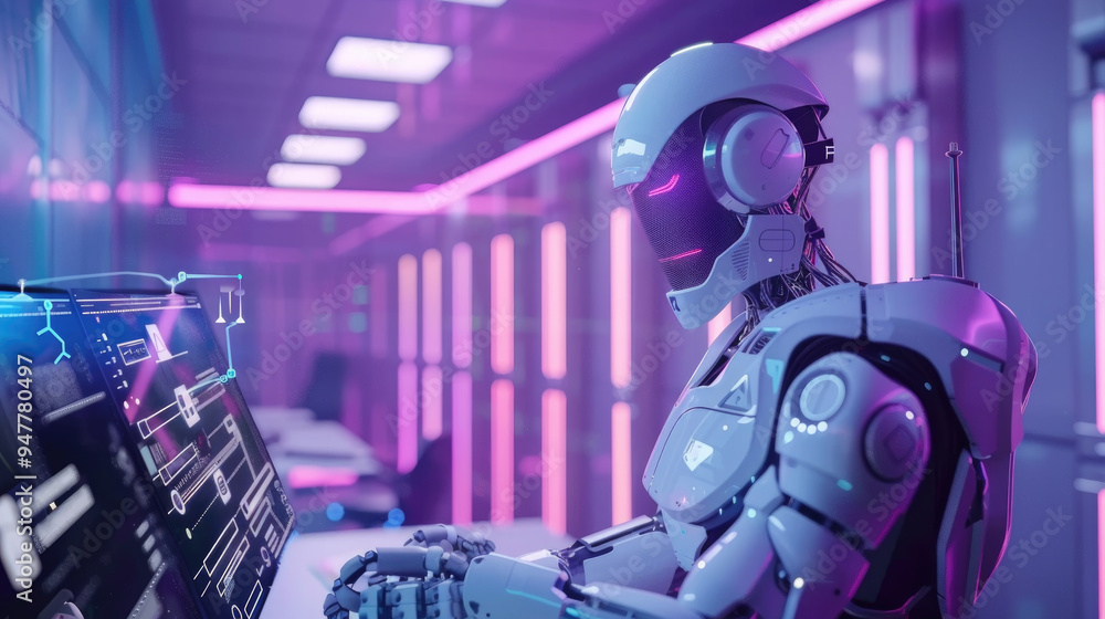 Poster a robot engages with a digital screen in a high-tech, neon-colored office, illustrating advanced tec