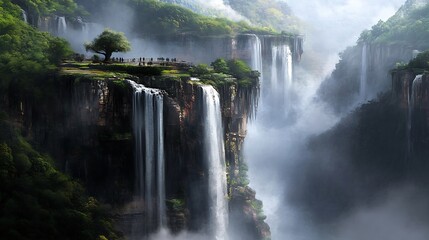 Fototapeta premium Misty Waterfall Cascading Over Cliffside in Lush Green Forest